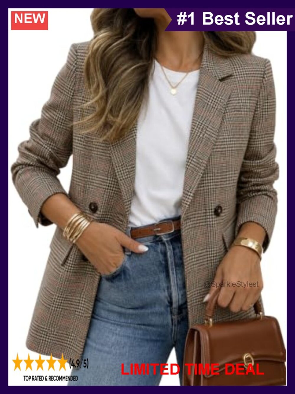 Oversized Plaid Tweed Blazer Boyfriend Jacket Business Casual Work